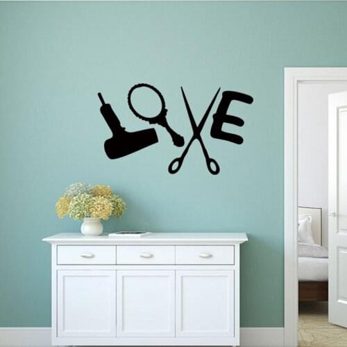 Hot Love Hair Stylist Vinyl Decal Dryer Scissors Salon Sign Stickers Decorative Murals Art DIY