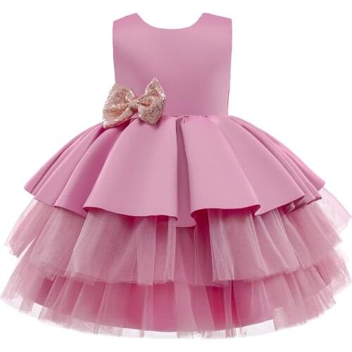 High quality Princess Dress Girls Wedding Graduation Gown Skin Pink Children Ballgown Flower Dress with Bow