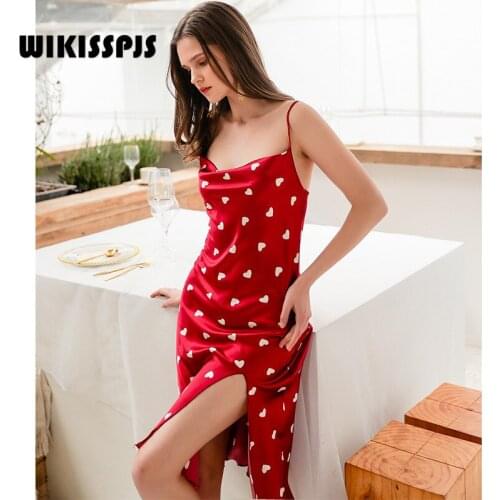 WIKISSPJS Summer Ice Spinning Silk Sling Long Knee Skirt Pajamas Sexy Love Sleeveless Sleeping Night Dress Women Sleepwear