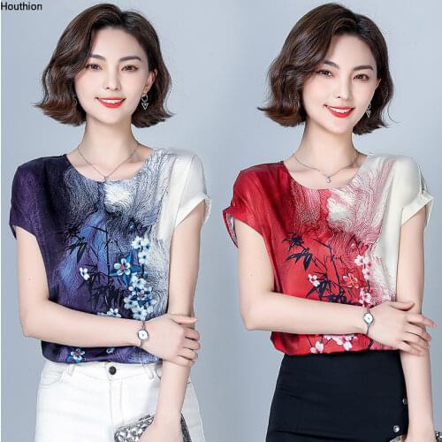 Silk Satin Loose Womens Blouse New Casual Shirt Fashion Blouses O-neck Summer Tops Flower Print Short Sleeve Shirts Houthion