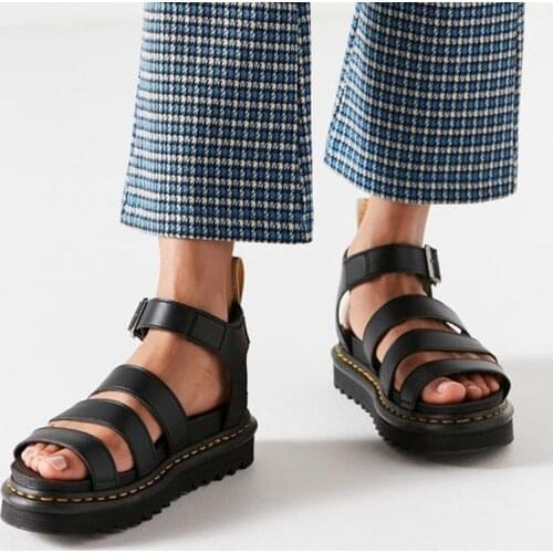 2021 Summer Black Leather Gladiator Sandals For Women Three Buckle Platform Sandals Women Street Style Flat Roman Shoes Woman