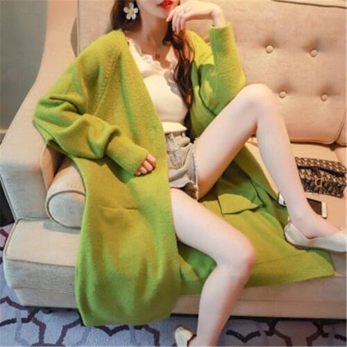 2019 green sweater cardigan female long knees solid full sleeve pockets autumn loose sweater jacket PZ2644