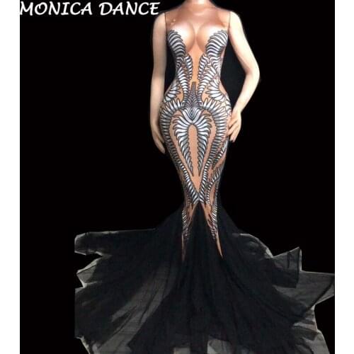 Women Sexy Mesh Trains Long Dress Performance Stretch Dance Dress Birthday Celebrate Outfit Nightclub Party Singer Costume Dress