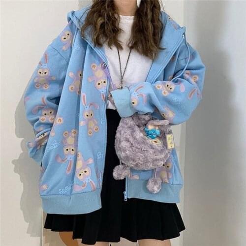 Japanese Cute Cartoon Hooded Coat Women Autumn 2021 New Fashion Girl Zipper Cardigan Top Korean Loose Jackets Women Clothing