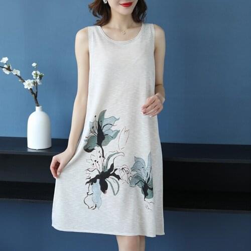 Women spring and summer linen dress sleeveless knit dress elegant lady floral printed dress