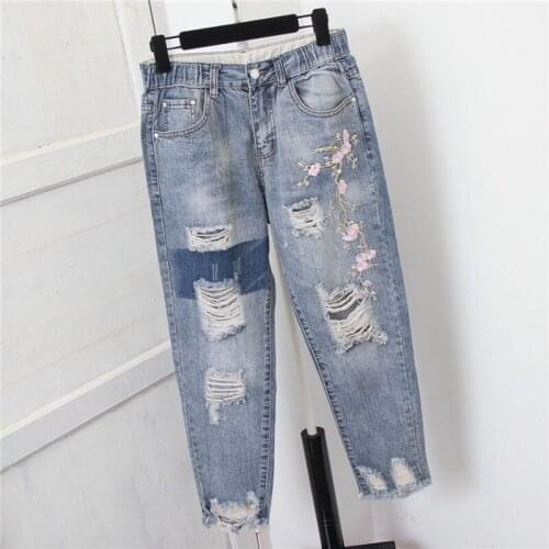 Plus Size 5XL Women High Waist Jeans Trousers Hole Ripped Embroidery Vintage Mom Jeans Femme Denim Harem Pants Casual Streetwear