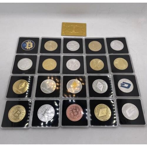 FLC 25pcs Design Bitcoin/Ethereum/Litecoin/Dash Home Decoration Metal Physical silver/Gold BTC Crypto Coin with Square Case