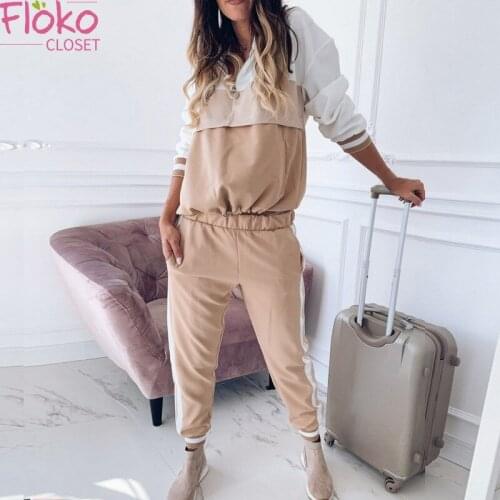 Flokocloset Autumn Color Contrast 2 Piece Sets Fashion Hoodies Pullovers and Casaul Pockets Pants Sports Suits Womens Outfits