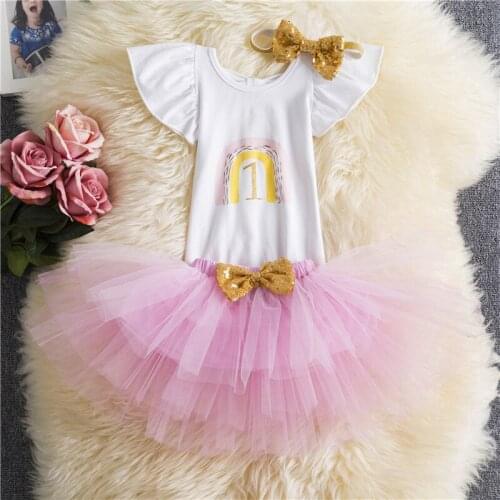 Newborn Baby Girl Clothes Set 1 Year Birthday Dress Outfits Sets Baby Pink Tutu Skirt Romper Headband 3Pcs Infant Clothing Sets