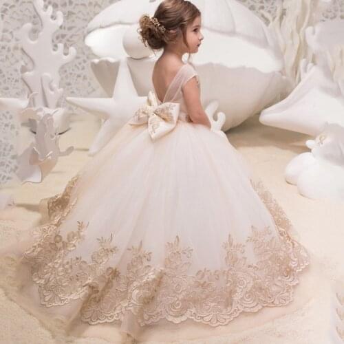 Champagne Lace Ball Gown Flower Girl Dresses Long Sleeve Girl Princess Dress Illusion Girl Wedding Party Dress First Communion