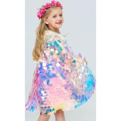 Girls Cos Mermaid Cloak Kid Sequins Shiny Scale Princess Bling Cloaks Christmas Halloween Cosplay Costumes Mermaid Cape Clothes