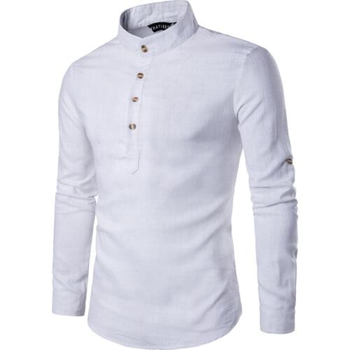 Mens Pure White 100% Linen Shirt Mandarin Collar Long Sleeve Male Dress Shirts Casual Business Work Plus Size Chemise Homme Tops