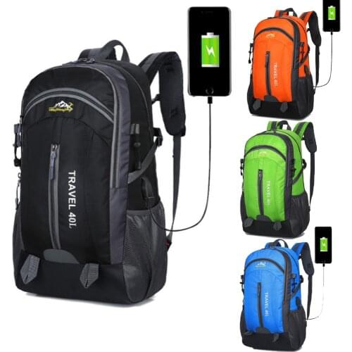 Mens backpack USB large capacity 40 liters double shoulder men and women waterproof outdoor leisure mountaineering bag light