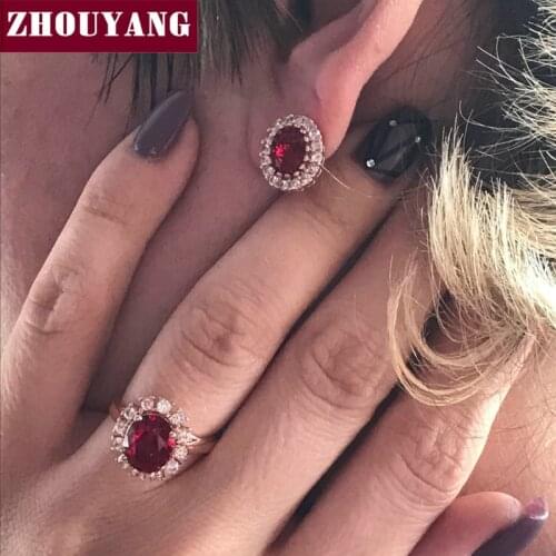 ZHOUYANG ZYS113 Rose Gold Color Red Austrian Crystal Jewelry Set With 2 Pcs Ring + Eearrings