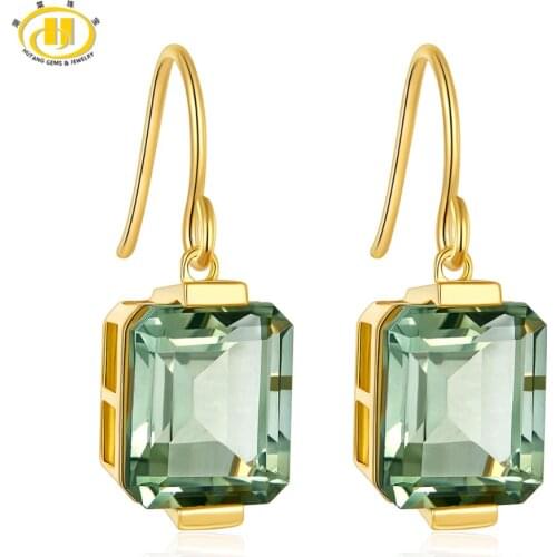 Hutang Hoop Earrings 11.14ct Natural Gemstone Green Amethyst Solid 925 Sterling Silver Yellow Gold Fine Jewelry for Women Gift