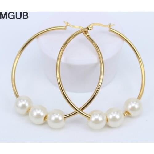 MGUB wholesale Imitation pearls Beads 30mm-100mm Hoop earrings stainless steel For women jewelry LH482