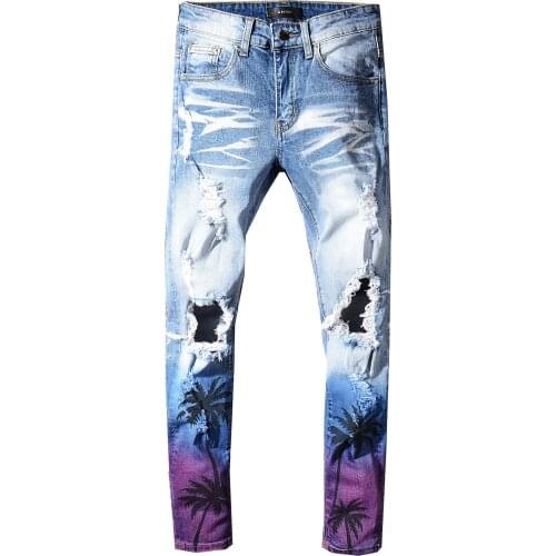 SEVEYFAN 2021 Mens Gradient Coconut tree Printed Jeans Skinny Broken Hole Denim Pants for Male