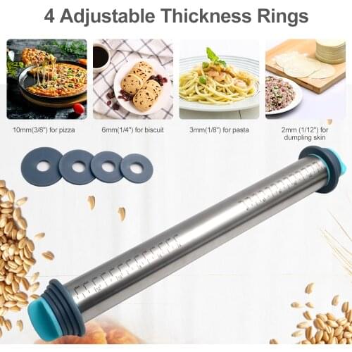 Rolling Pin for Baking Removable Ring Adjustable Stainless Steel Dough Roller Cookies Biscuit Pastry Tarts Pasta Noodle Dumpling