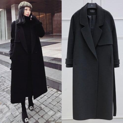 Special high quality womens over-the-knee black cashmere woolen coat for fall and winter mid-length double-sided woolen coat