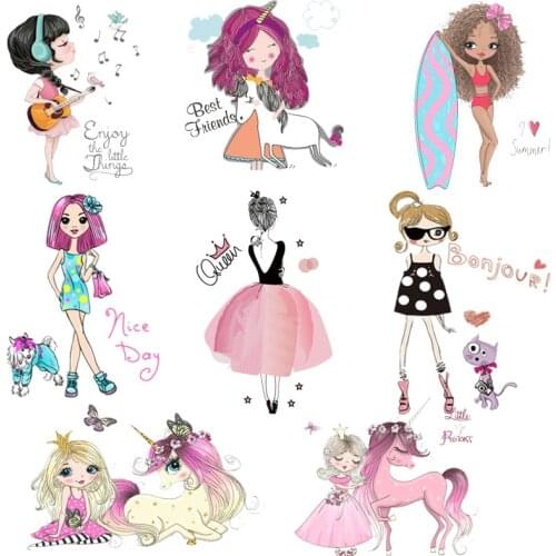 Cartoon Girls Heat Transfer Paper Cute Iron on Patches for T-shirts 3D Fashion Vinyl Thermo Stickers Women Clothes DIY Appliques