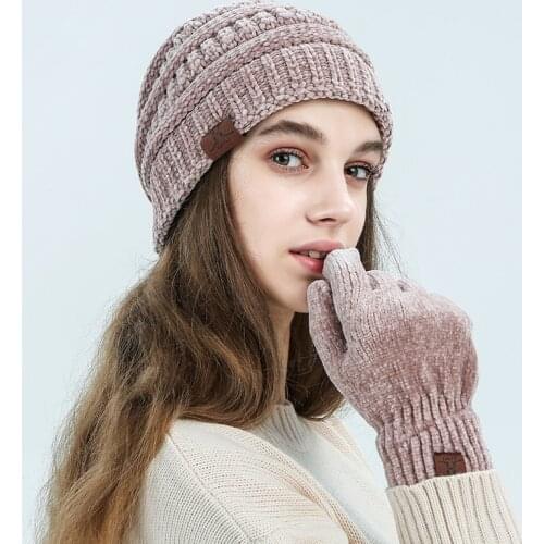 Corduroy Beanie Cap For Women Wool Winter hat and Glove set Girl 's Hat Wool Female Hat and Gloves set Solid Color Keep Warm
