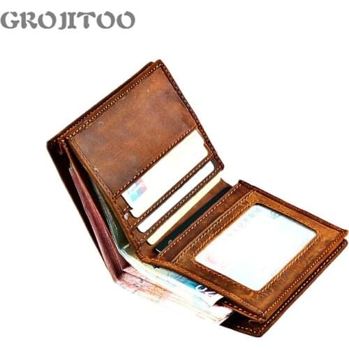 GROJITOO Vertical Men wallet Crazy Horse Leather Men Short Wallet Multi-functional Card Bag Men Purse With More Card