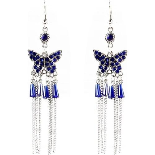 Vintage Popular Rhinestone Butterfly Earrings Fashion Bohemian Wind Tassel Beads Long Pendant Earrings Womans Trend Jewelry Gift