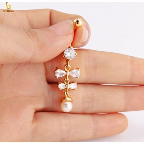 Dangly Crystal Pearl Belly Button Rings 14g 316L Stainless Steel Dangle Navel Rings for Women Long Curved Barbell Piercing