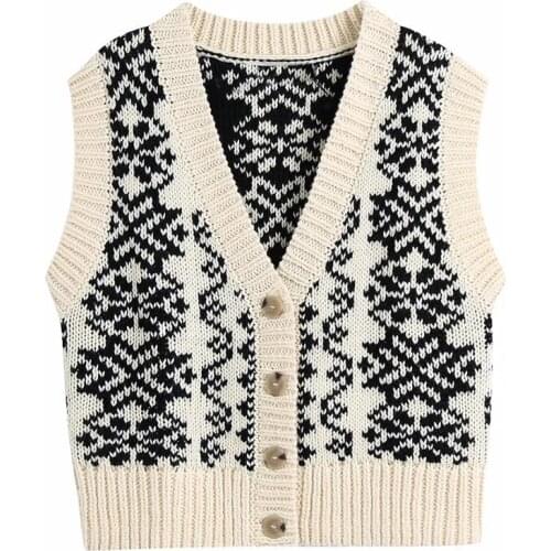 Za New Women Fashion Knitted Cardigan Vest Sweater V-neck Sleeveless Printing Loose Female Waistcoat Chic Tops XITIMEAO