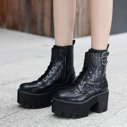 2020 Platform Winter Boots Punk Women Autumn Thick Heel PU Leather Ankle Boots For Women Black Shoes platform fall bootsLJB188
