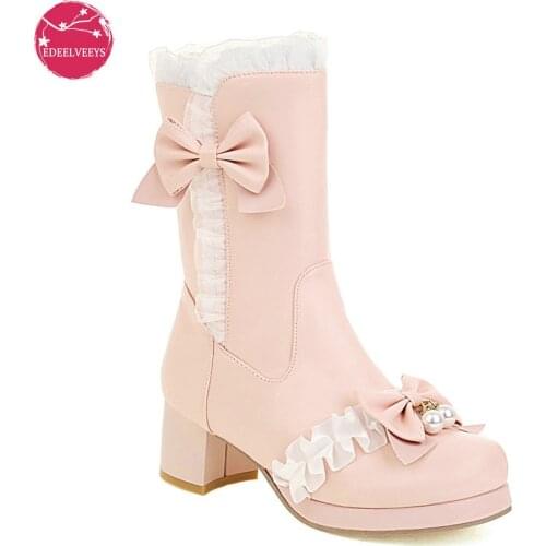 2021 Autumn Winter Cosplay Mid Long Boots Women Pink White Black Princess Ruffles Butterfly-knot Chunky Hees Lolita JK Shoes