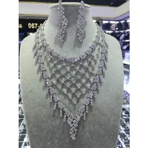 Newshe Elegant Necklace Earrings Wedding Jewelry Sets For Women White Gold Plated AAAAA Cubic Zirconia Fashionable Design