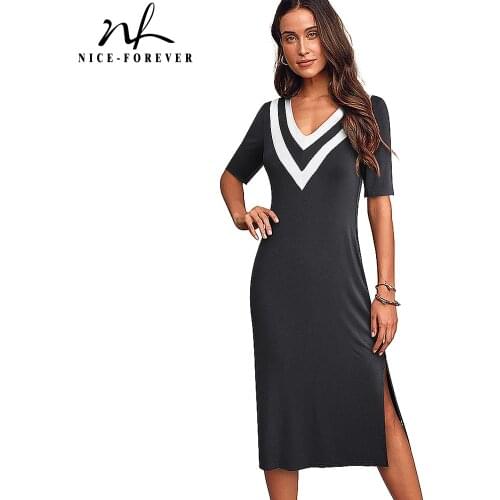 Nice-forever Summer Women Knee Length Contrast Color Patchwork Dresses Casual Straight Female Dress A229