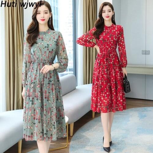 Spring Autumn Print Chiffon Office Lady Midi Dress Women Vintage Bodycon Elegant Long Sleeve Robe 2021 Boho Casual Beach Dresses