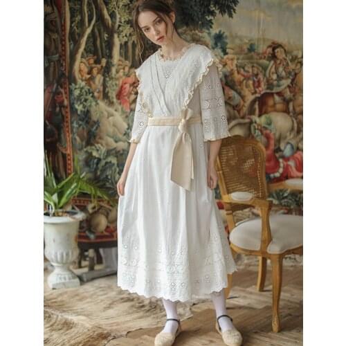 Spring Summer 2020 Women Victoria Vintage Elegant Slim Mori Girl Midi Hollow Out Embroidery Cotton Long White Dress