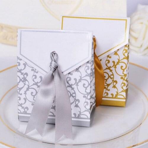 10pcs Gold Silver Candy Paper Box With Ribbon Gift Bags Wedding Gift Packaging And Baby Shower Favors Birthday Party Decor