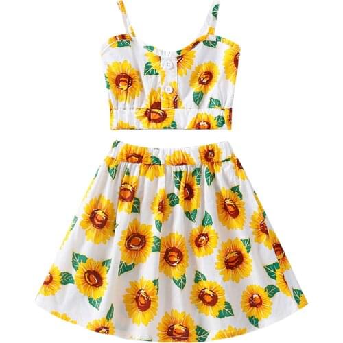 2021 New Girls Clothing Set Sunflower Print Sleeveless Sling Tops And Skirt Two-Piece Suit For Vacation Birthday Party 1-6 Years