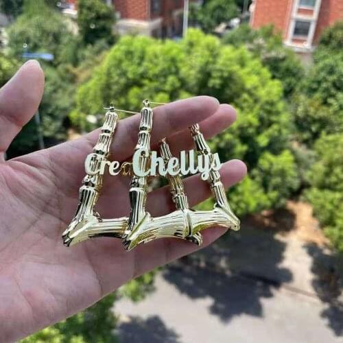 3UMeter Custom Name Earring Personalized Trapezoidal Stainless Steel Bamboo Earrings Women Name Customized Earrings For Gift