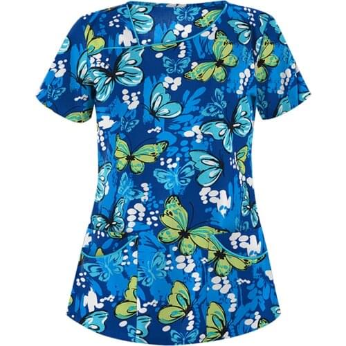 Women Blouse Fashion Butterfly Pattern Working Uniform Nursing Short Sleeve Neck Tops Casual Blouse Shirt Pet Scrubs Costume