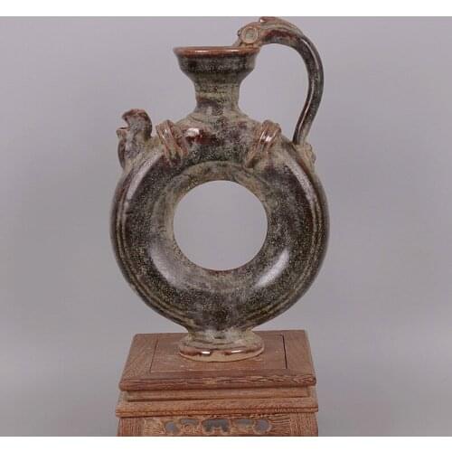 Song Dynasty Yue Kiln Tea-ink Glazed Dragon-Handled Chicken Head Ring Shape Pot