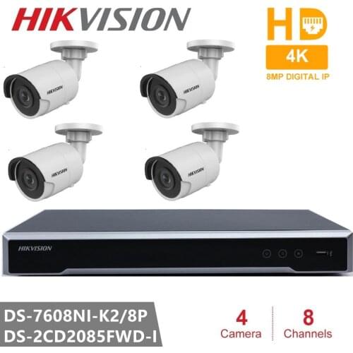 Hikvision Security Camera Kits Embedded Plug & Play H.265 NVR 8CH 8POE & 4PCS 8MP IP Camera DS-2CD2085FWD-I WDR POE Bullet
