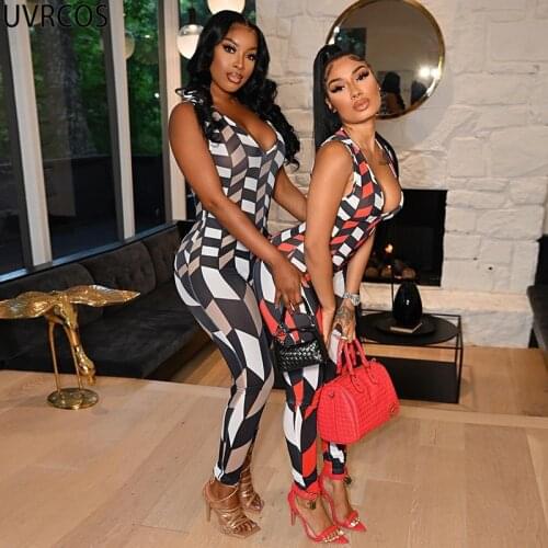 UVRCOS Summer New Skinny Sleeveless Y2K Jumpsuits Low-cut Sexy Geometric Pattern Printing For Hot Womens Street Photo And Party