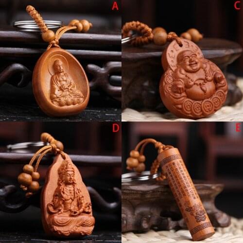 Multi Type Peach Wood Keychain Lotus Buddha Palm Keychains Vintage Key Chain Bag Car Interior Pendant Charms Jewelry
