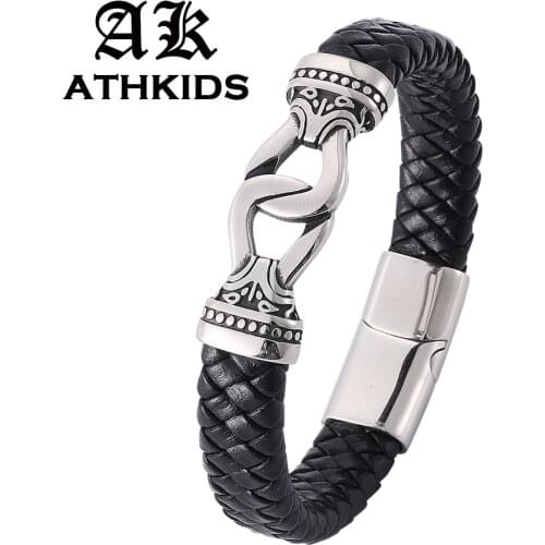 Men Bracelet Braided Leather Bracelet Stainless Steel Buckle Vintage Bangles Rock Fashion design Jewelry Male Wrist Band PW806