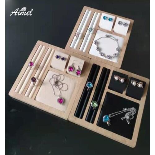 Natural Wood Jewelry Ring Earring Display Stand Earring Bangle Organizer Box Cufflink Stud Holder Storage Showcase Bangle Tray