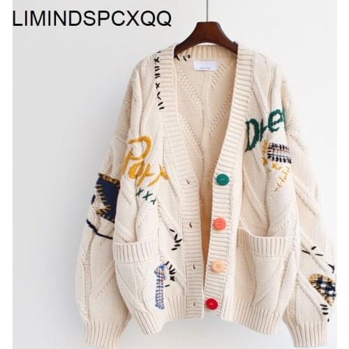 Autumn Winter Women Cardigans Warm Knitted Sweater Jacket Pocket Embroidery Fashion Knit Cardigan Coat Lady Loose Sweaters Tops