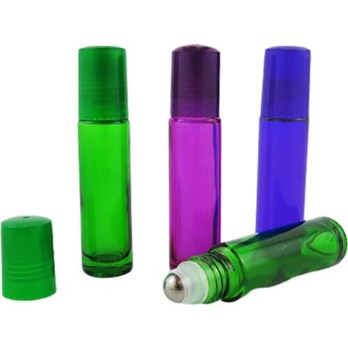 20 x 10ml Empty purple blue green glass roll on bottle Perfume roll-on Containers with plastic lids for essential oil use