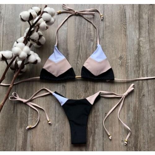 Sexy Halter Swimsuit Women Thong Micro Bikini Push Up 2020 Brazilian Bikini Tropical Plant Print Swimwear String Mini Swimsuit