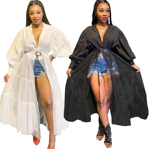 Mesh black white patchwork high street fashion cool girl long sleeve coat top 2020 hot sale deep v neck long dress chic clubwear