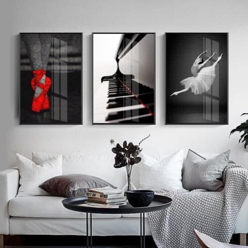 Nordic Red Shoes Black and White Ballet Girl Dance Piano Nordic Home Decoration Canvas Painting Prints Poster Wall Art Pictures